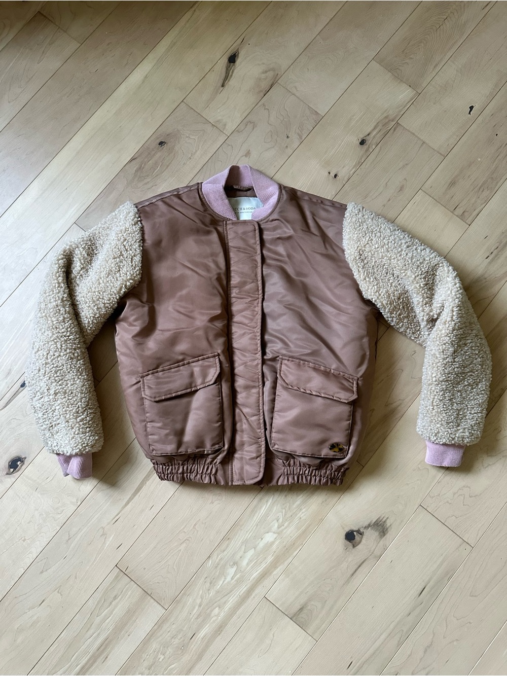 Scotch & Soda Rose Brown Bomber Jacket with Cream Sherpa Sleeves